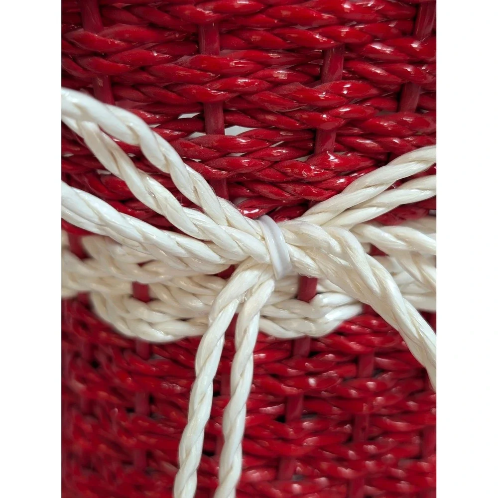 Vintage Red Wicker Basket Flower Vase Holder White Ruffled Top Bow Made in Korea